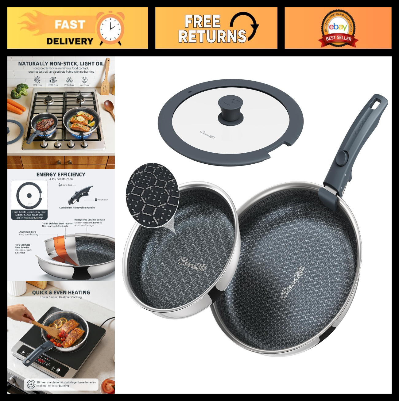 4-Piece Hybrid Non-Stick Frying Pan Set, 8″ & 10″ Tri-Ply Skillets, PFOA Free, O