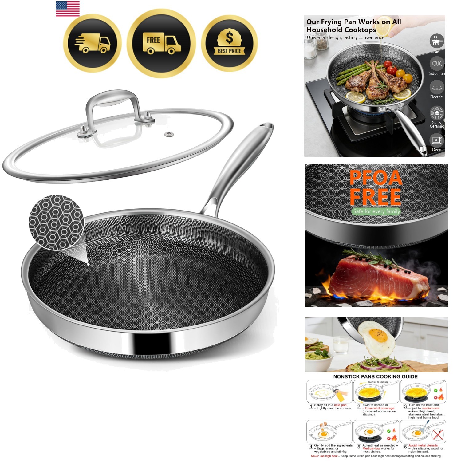Frying Pan Non Stick 10 Inch Stainless Steel Skillet with Lid Dishwasher Safe