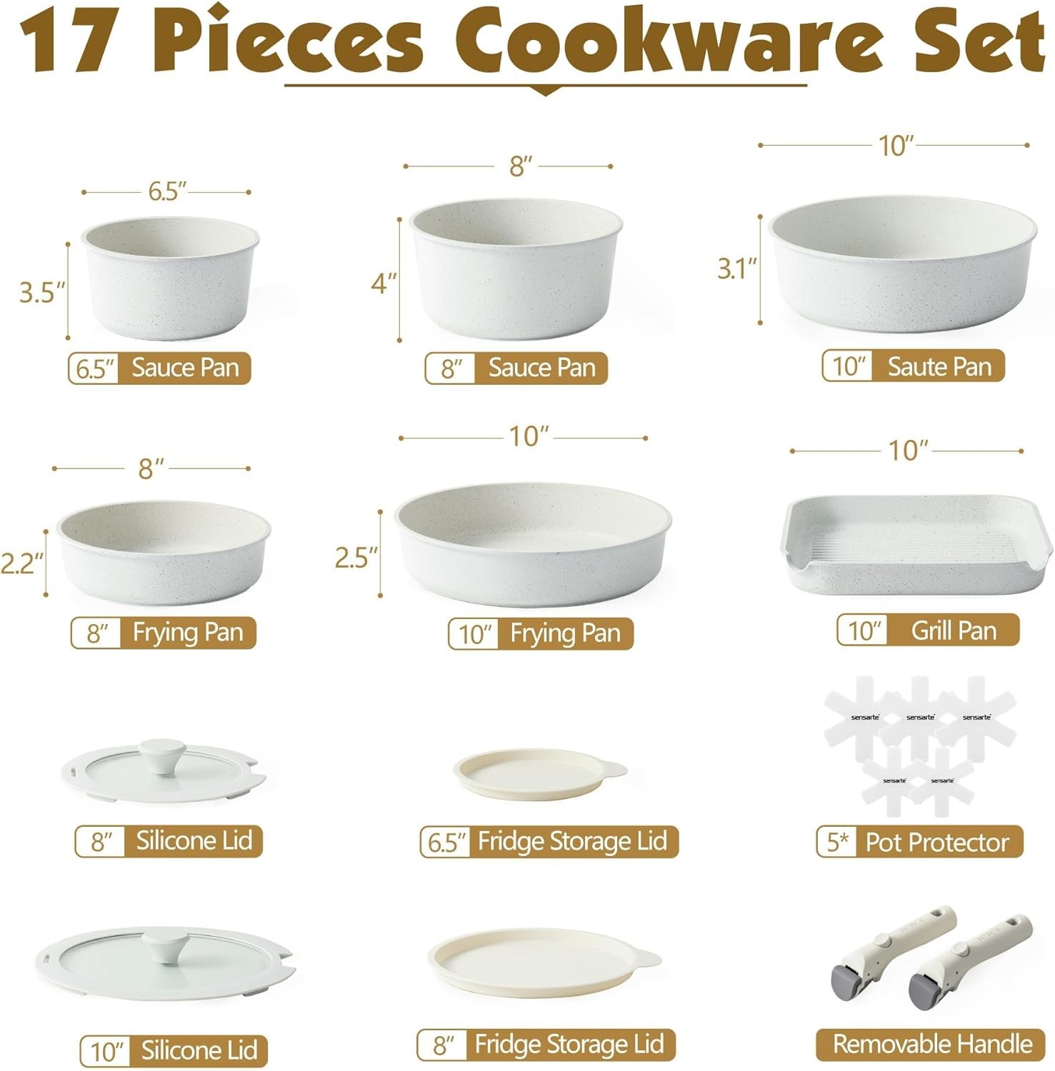 17 Piece White Nonstick Detachable Handle Cookware