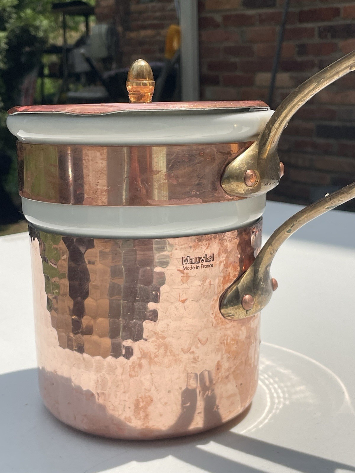 Vintage Mauviel M’Heritage Hammered Copper White Enamel Saucepan, Lid, Double,