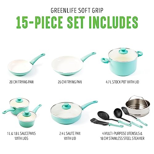 Turquoise 15 Piece Healthy Ceramic Nonstick Cookware Set with Glass Lids