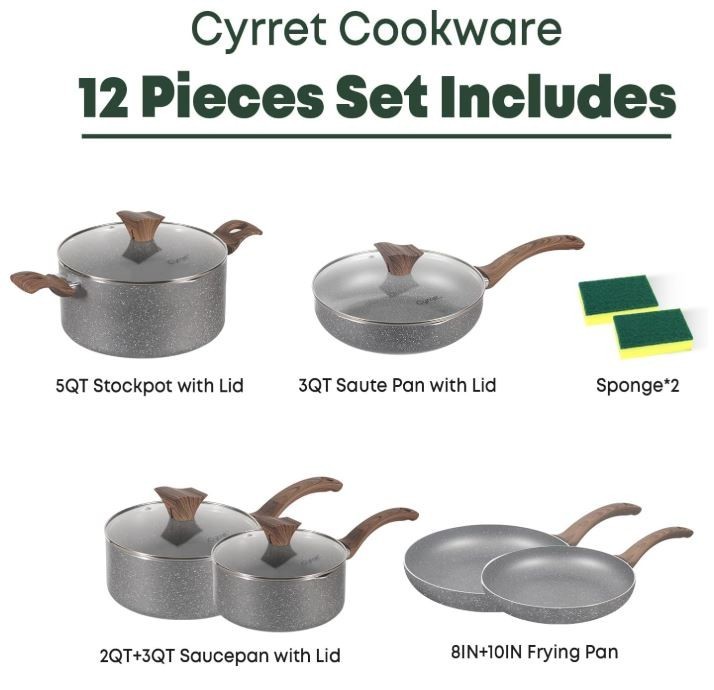 Cyrret Nonstick Cookware Set – 12 Pieces Granite Kitchen Cookware, Pots & Pans