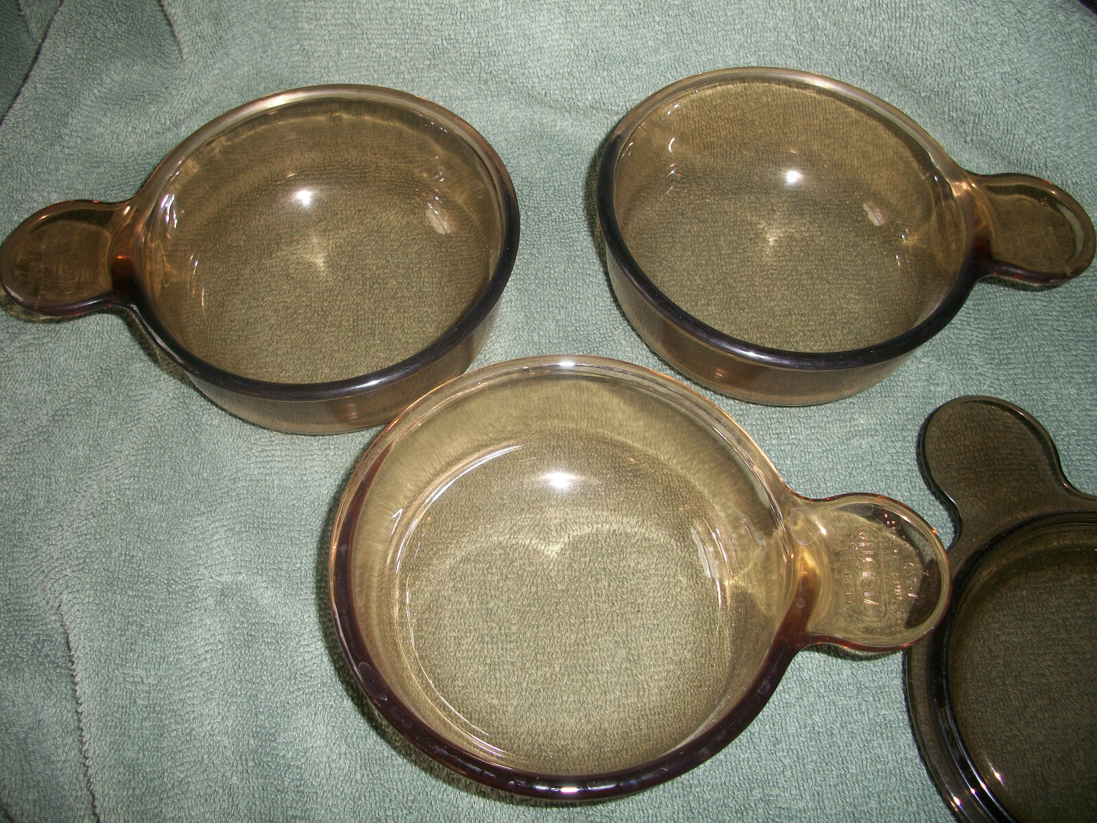 CORNING WARE PYREX VISIONS AMBER BROWN 3 GLASS P150B GRAB IT BOWLS & 1 LID P150C