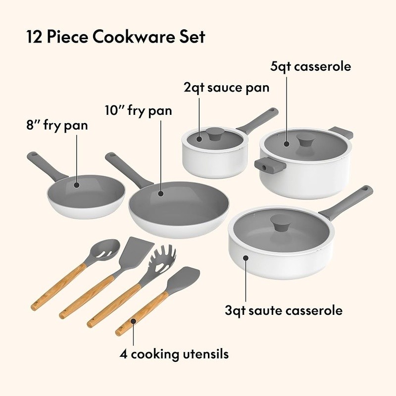 12Pcs Nonstick Cookware Set Aluminum Kitchen Utensils Even Heating Easy Clean US