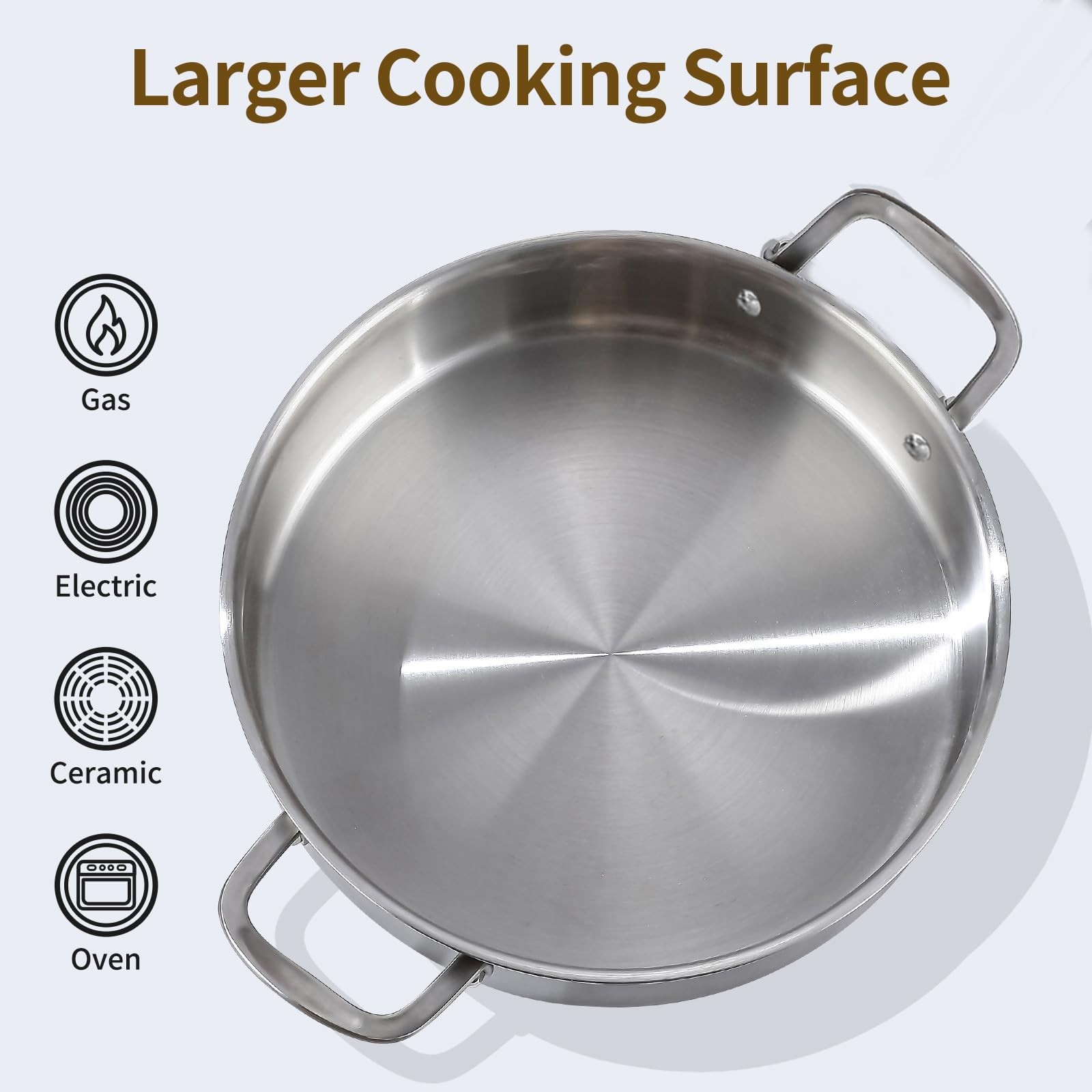 DELARLO Tri-Ply Stainless Steel 8 Quart Braiser Pan with Lid 8 Quarts, Silver