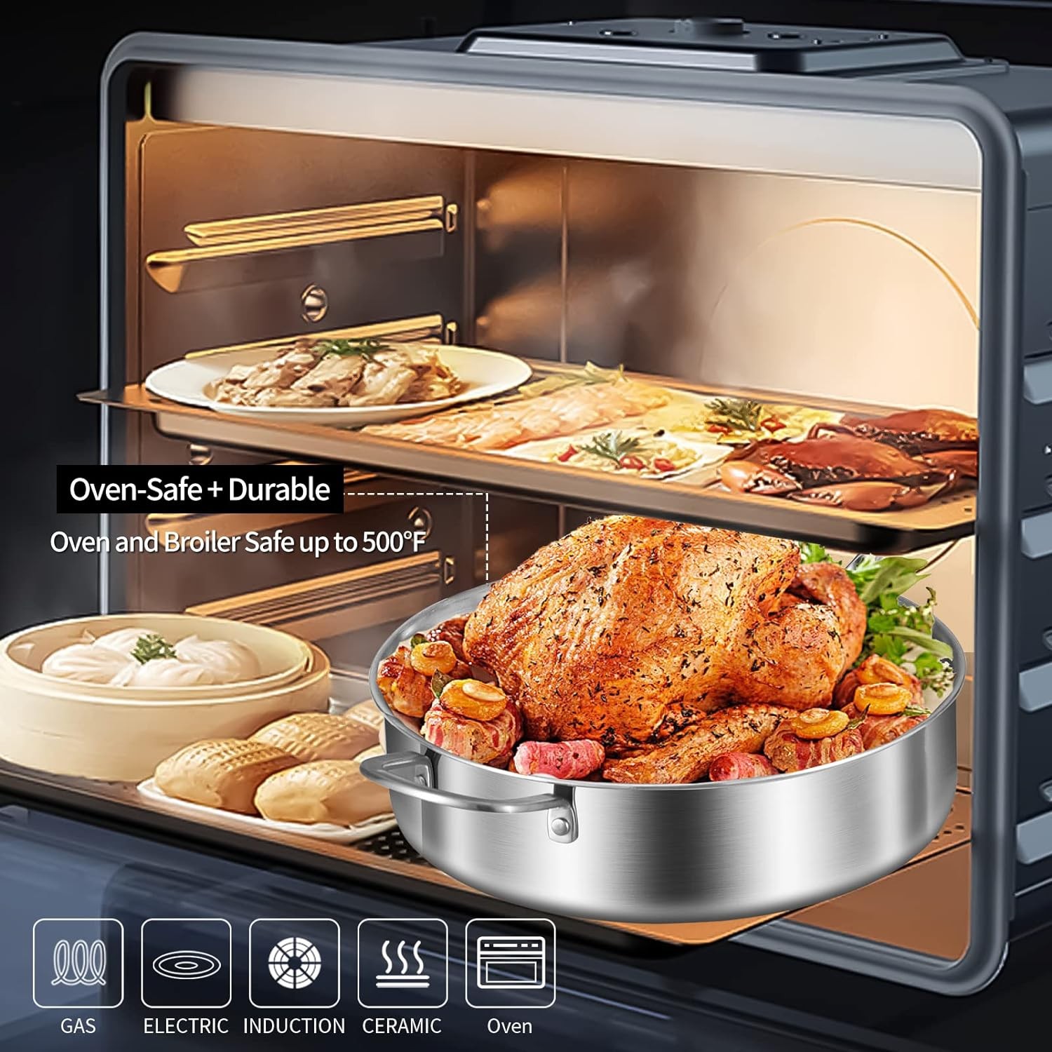 6QT Tri-Ply Stainless Steel Saute Pan w Lid Induction Oven Safe Detach Handle XL