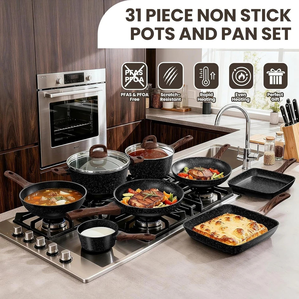 Non Stick Pots and Pans Set Kitchen Cookware Bakeware Induction 31 Pcs
