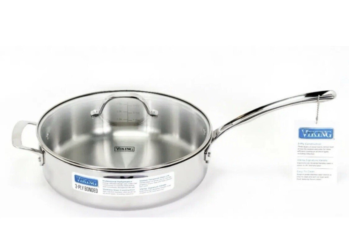 New Viking Large 3-ply Stainless Steel Clad Saute Pan Pot Glass Lid 5.25 qt