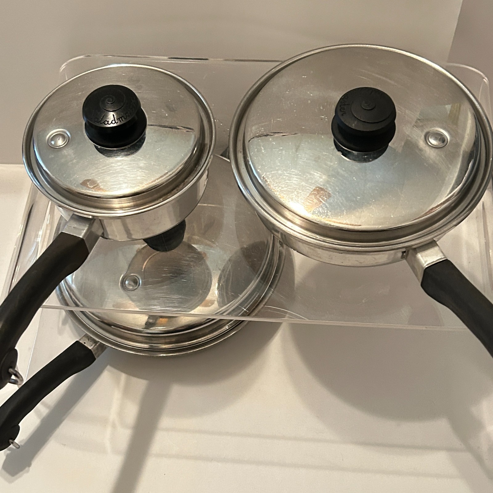 12 Piece Saladmaster Pots & Pans Lot Tri-Clad Stainless Vapo Lids Egg Poacher