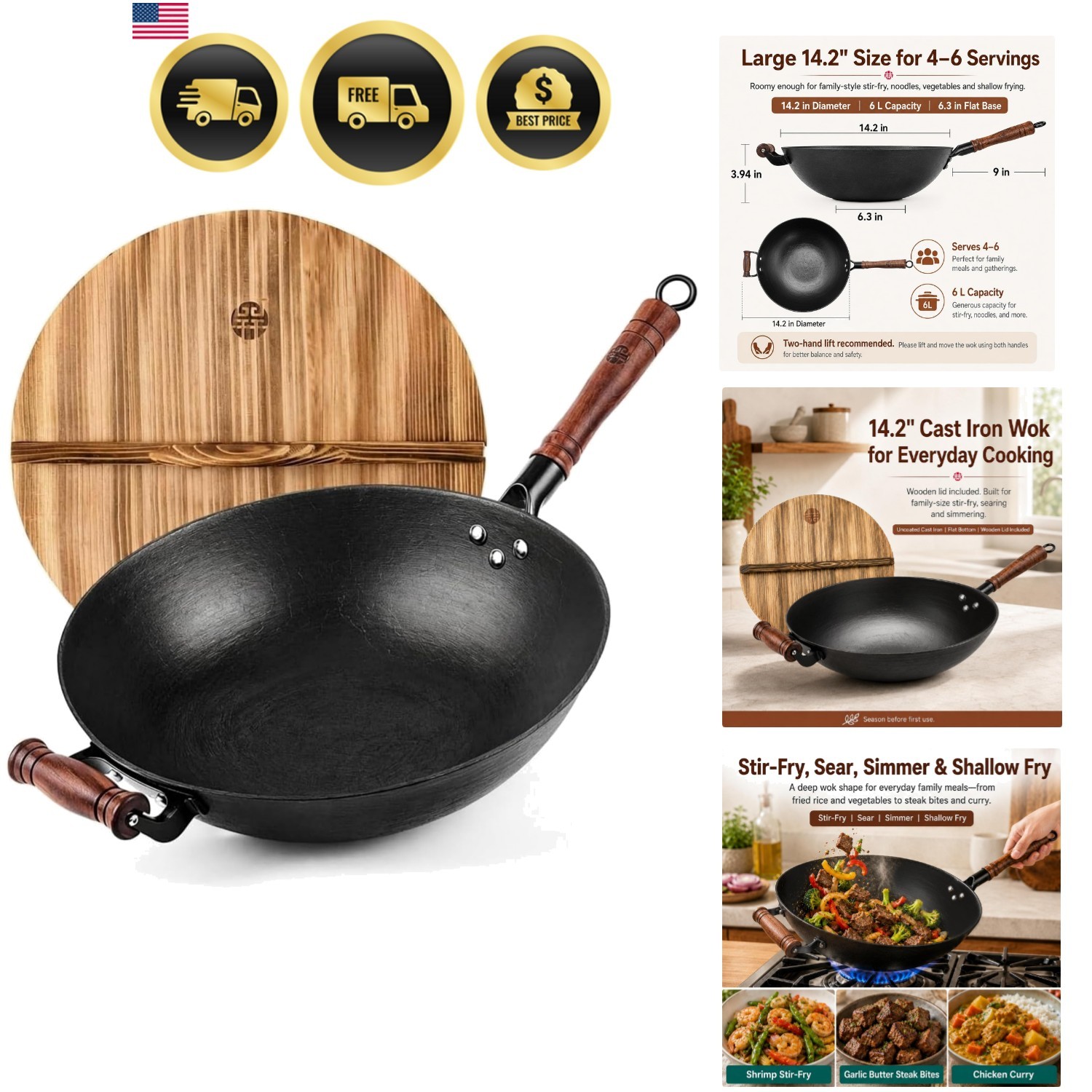 14.2 Inch Cast Iron Wok with Wooden Lid & Handle, Flat Bottom Stir Fry Wok Pa…