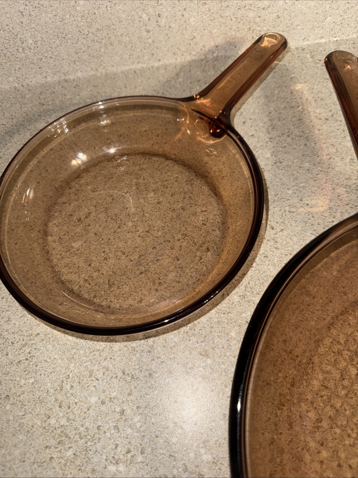 2 -Corning Ware Visions Amber Pyrex Glass 10 & 7″ Waffle Bottom Fry Pan Skillet