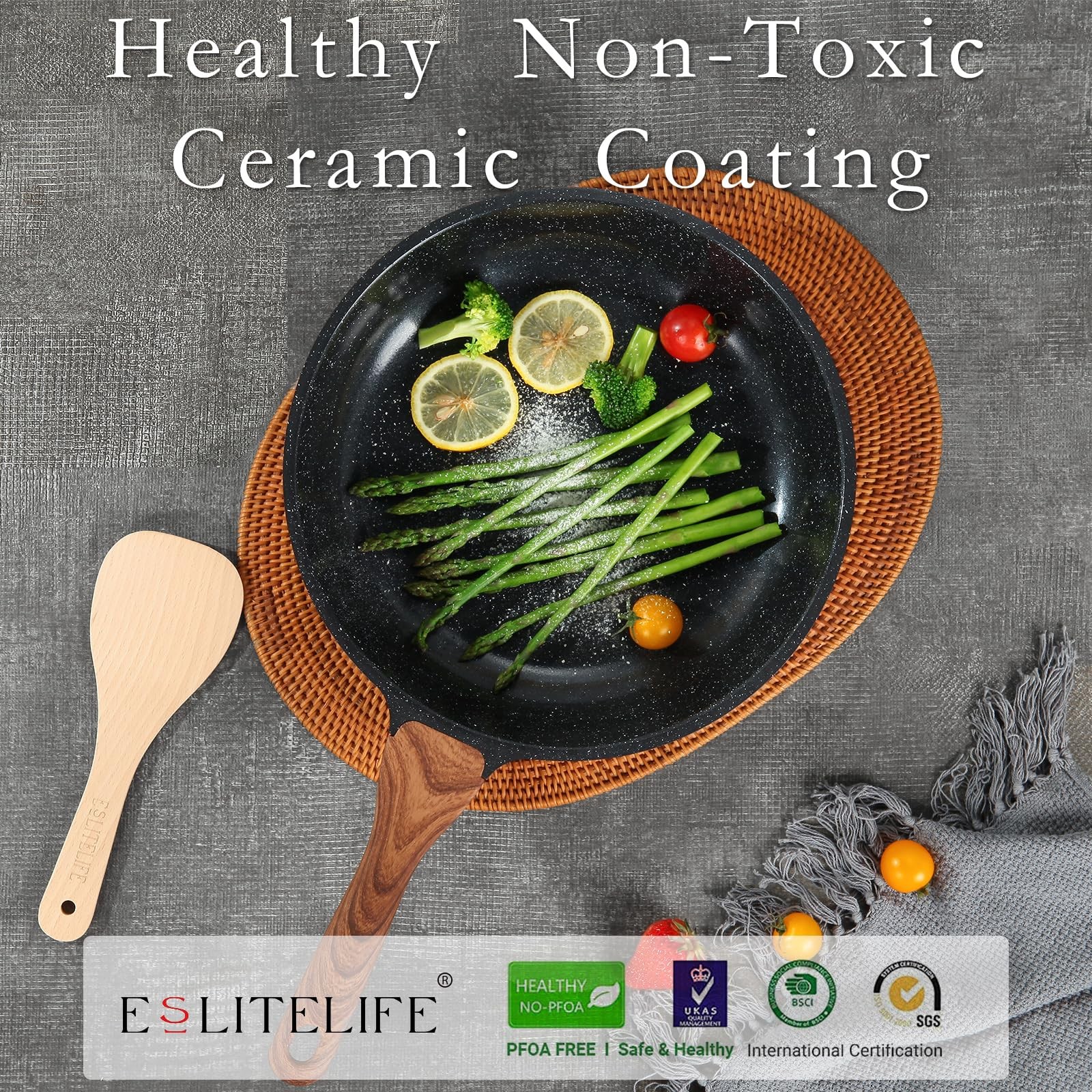 ESLITE LIFE Nonstick Ceramic Frying Pans 8″+9.5″+11″ Set w/Lids, Black