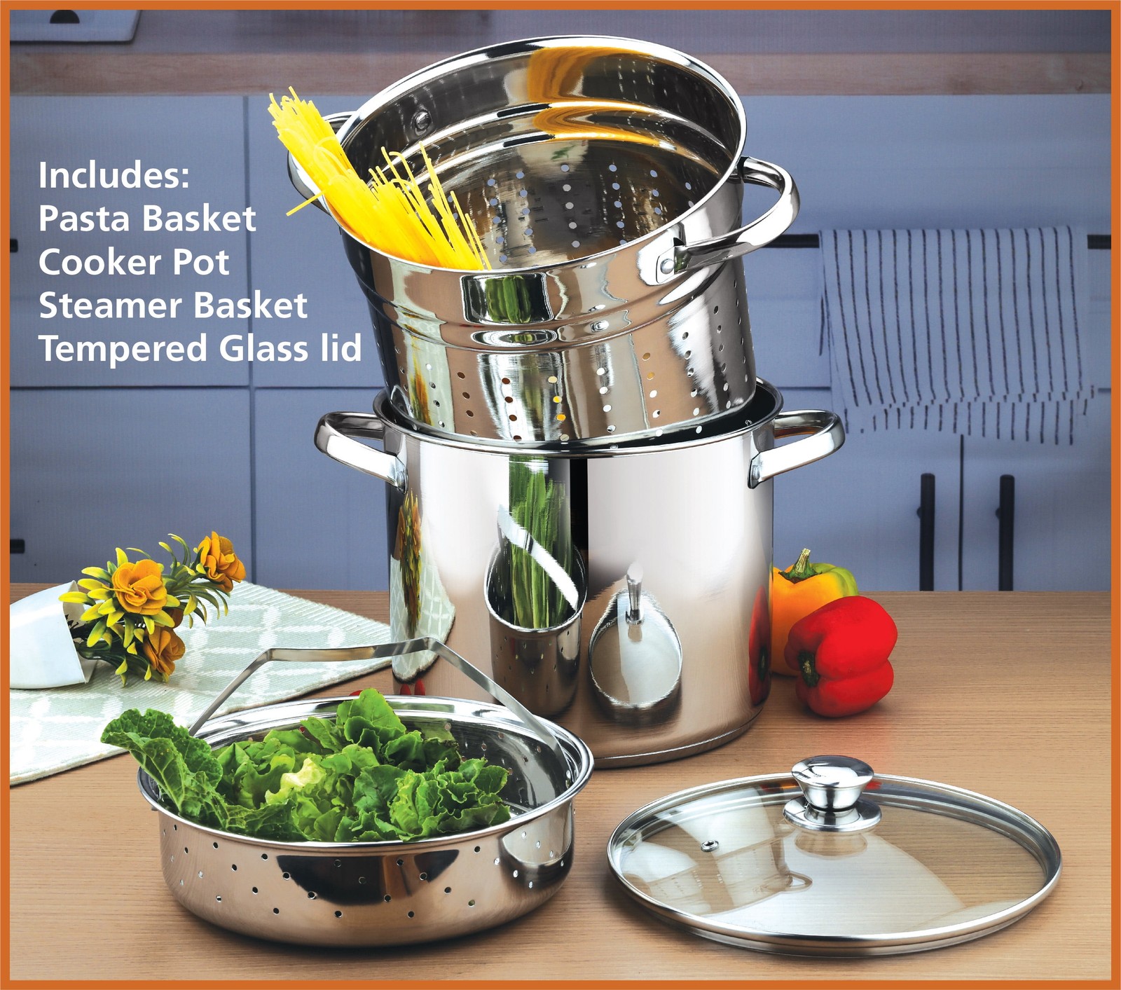 Multi-Cooker Set with Lid 8 Qt Pasta Steam Pot Stainless Steel Steamer Basket