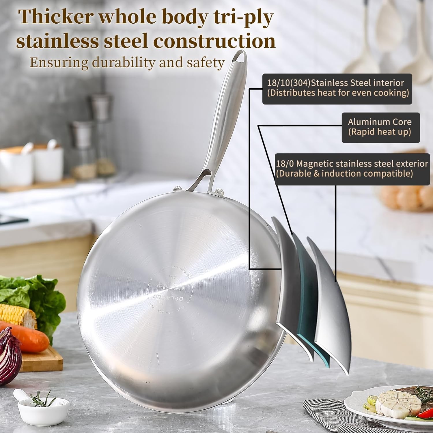 DELARLO Kitchen Whole Body Tri-Ply Stainless Steel Frying Pan, 12 inch,Stainless