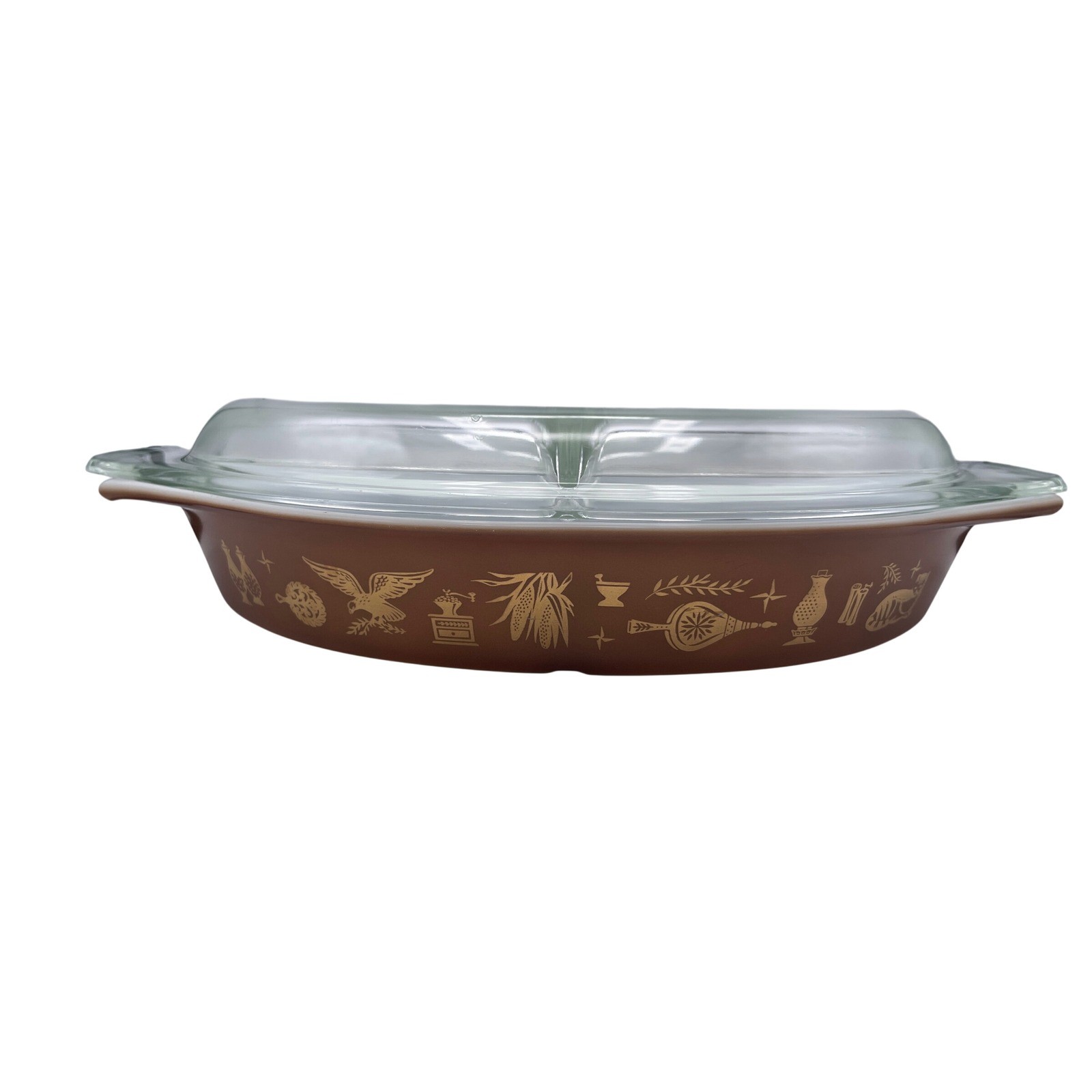 Vintage Pyrex Early American Divided Casserole Dish 1.5 Qt Brown Gold 1.5 Quart