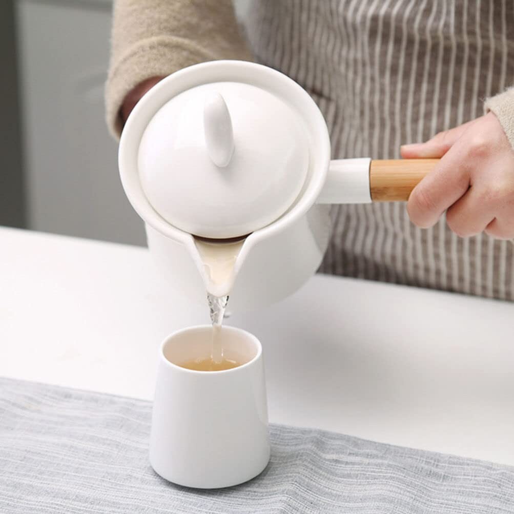 Mini Sauce Pan Ceramic Milk Pot 350ml With Lid Wooden Handle White Pour Spout