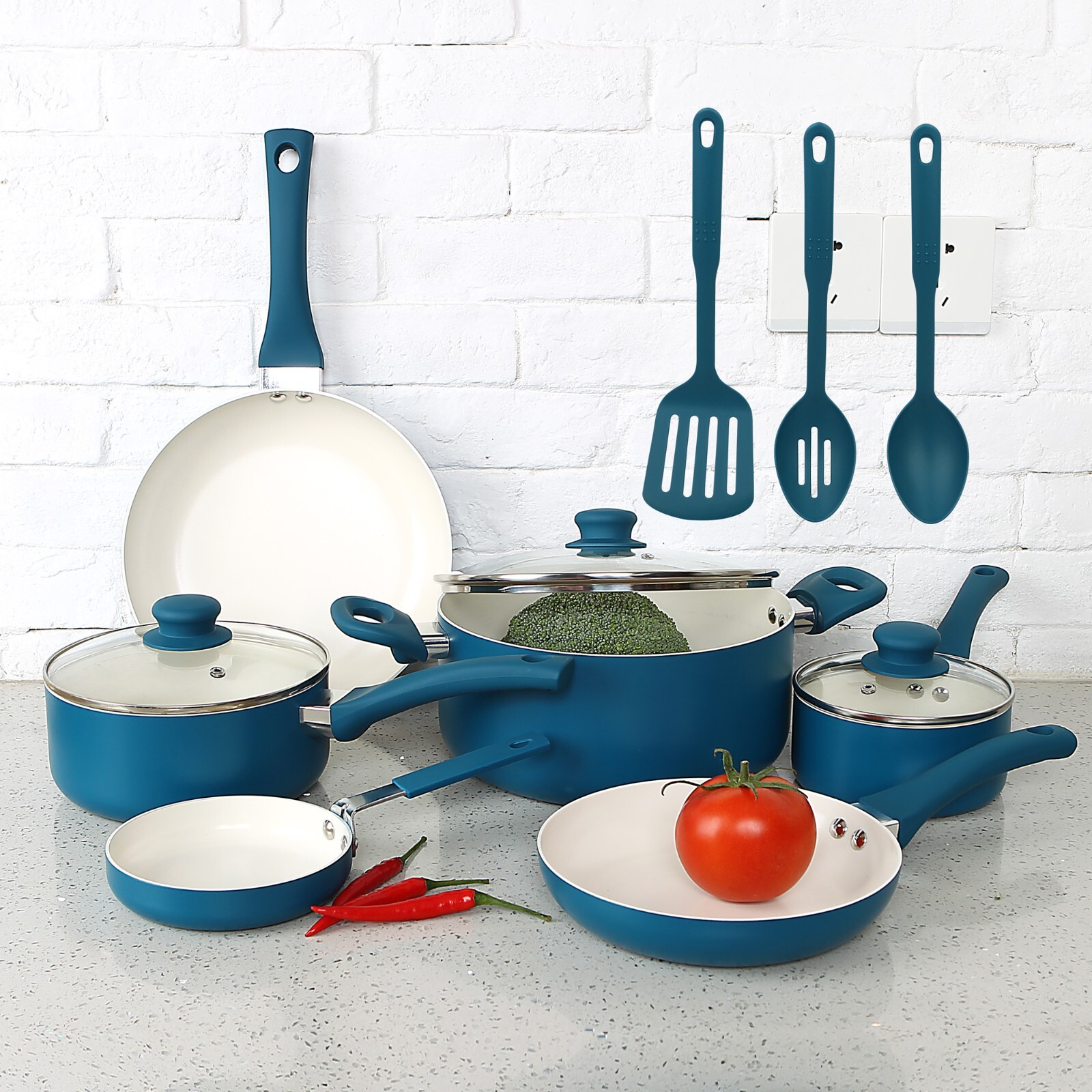 Mainstays Ceramic Aluminum Nonstick 12 Pieces Cookware Set Corsair Blue Classic