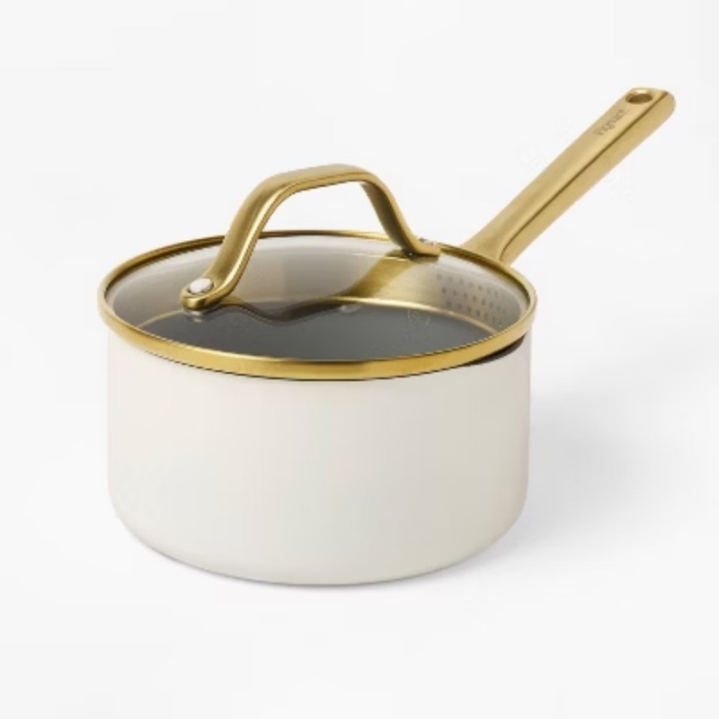1.5qt Nonstick Ceramic Coated Aluminum Sauce Pan with Champagne Handle Cream