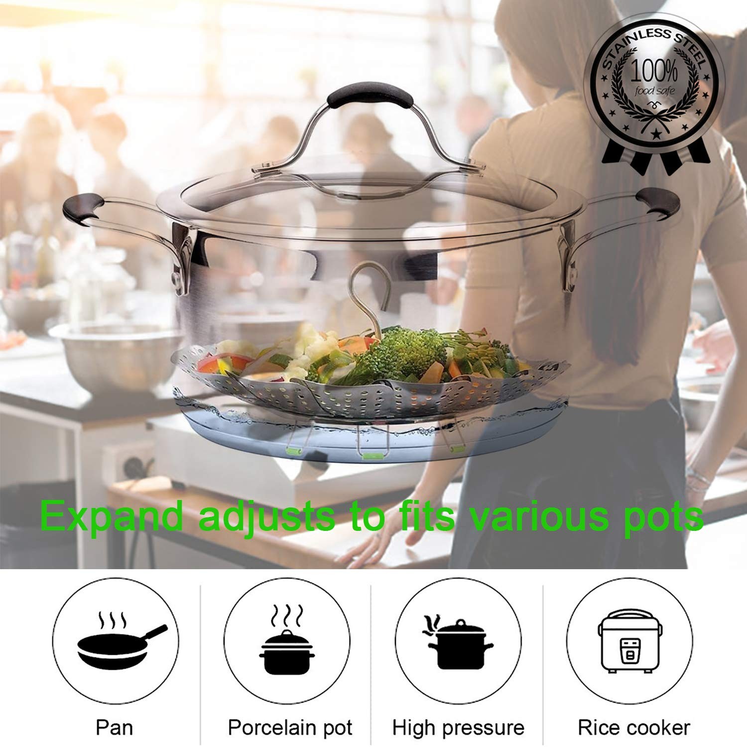 Stainless Steel Steamer Basket Adjustable Fits Pots Pans Pressure Cookers 5.19.