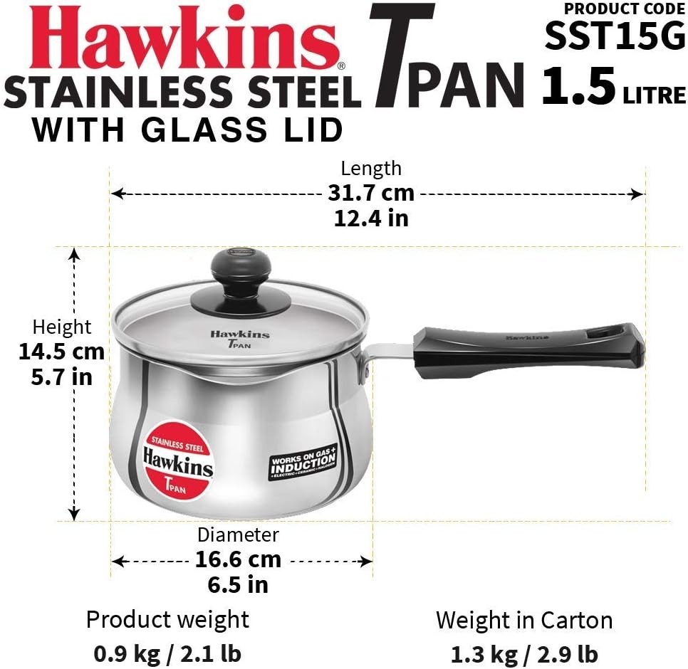 Hawkins Induction Base Stainless Steel Saucepan T Pan with Lid, 1.5 Liter