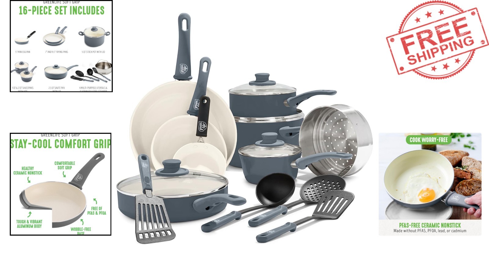 Sleek 16-Piece Ceramic Nonstick Cookware Set with Stay-Cool Handles & Glass Lids