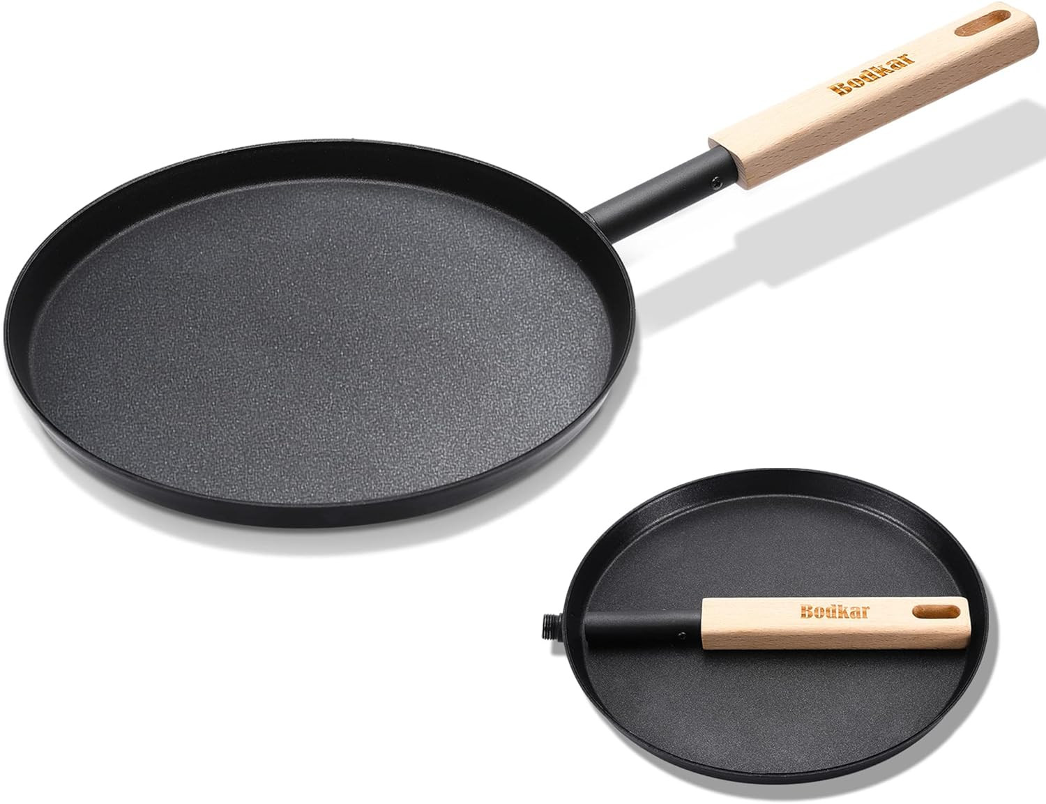 8-Inch Frying Pan Skillet Flat Crepe Pan, Lightweight Grill Pan with Wooden Hand