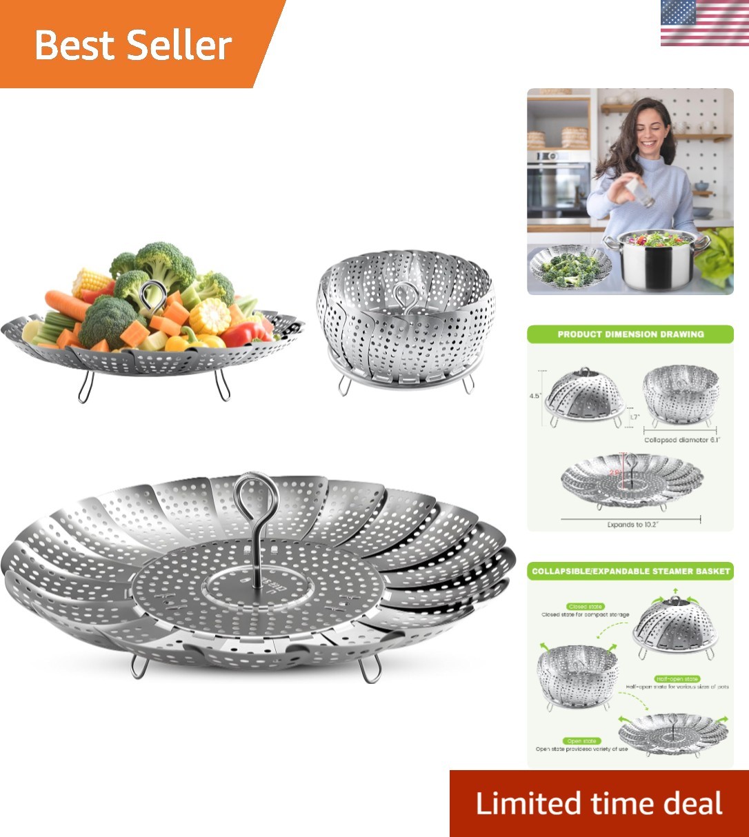 Durable Stainless Steel Steamer Basket with Lid – Fits 6.1″ to 10.2″ Pots
