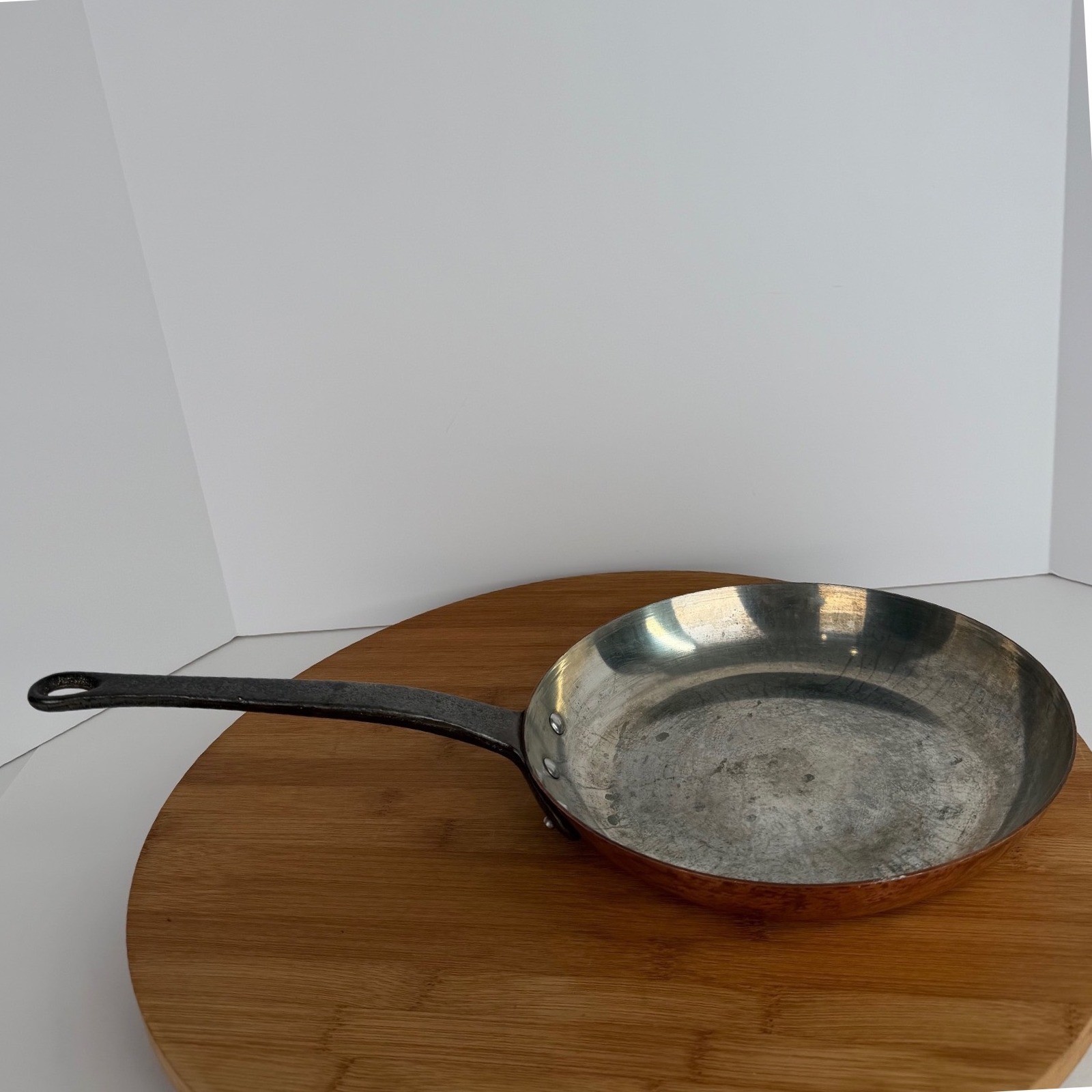 Copper Frying Pan Tin Lined Skillet Iron Handle 9.5 ” 2 mm READ Needs Retining