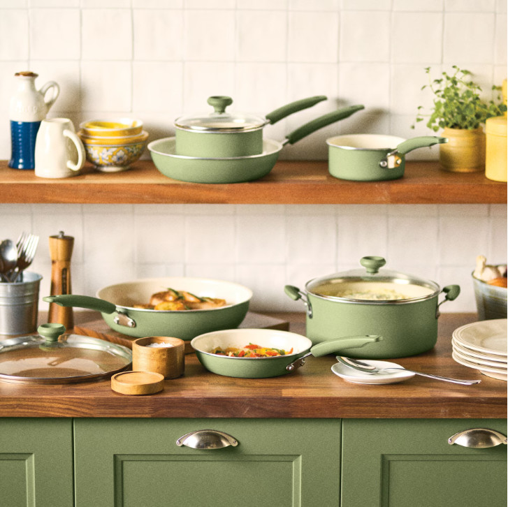 14 Piece Ceramic Nonstick Cookware Set with Cooking Tools, Dishwasher Safe,Green