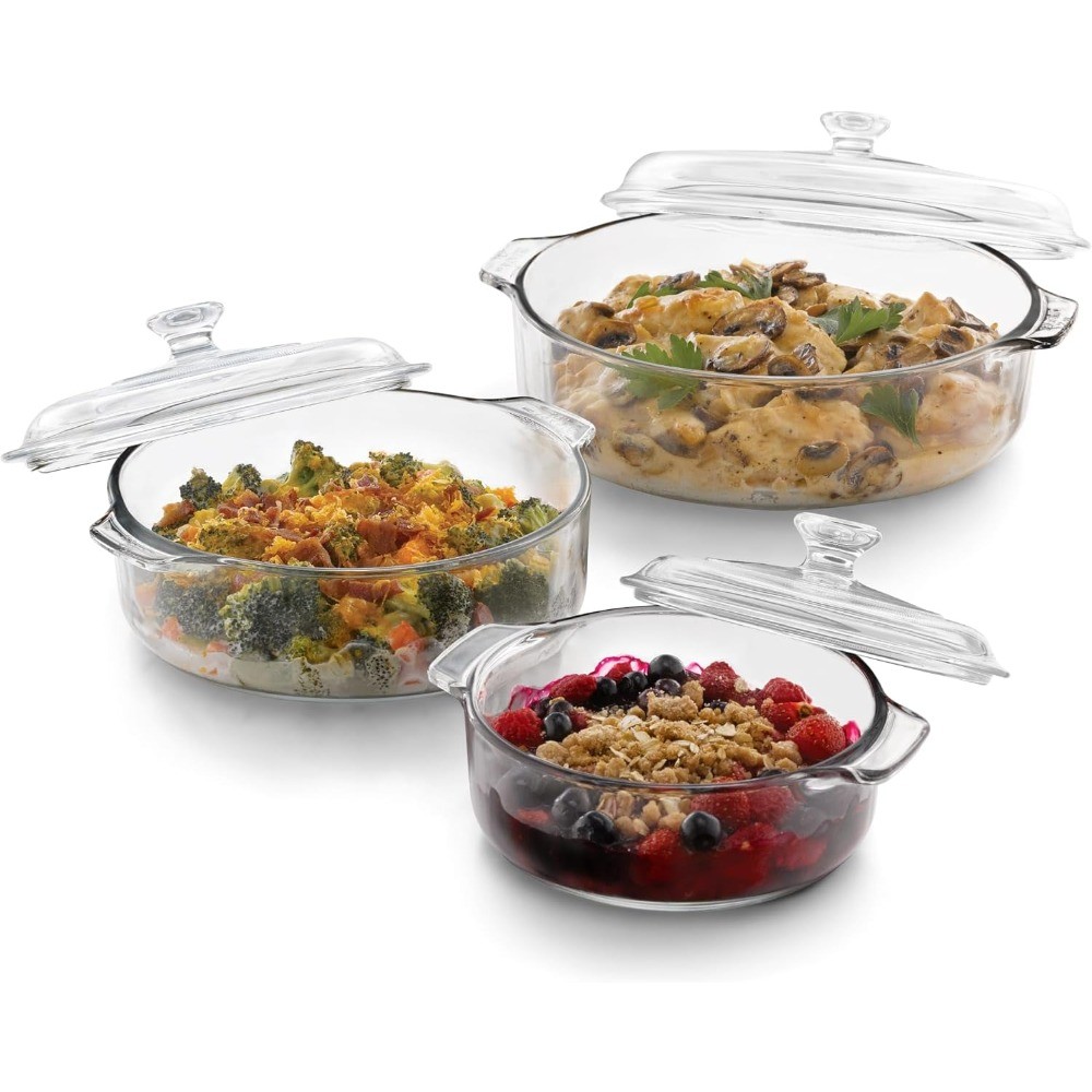 3pc Glass Casserole Set w/Glass Lids Stackable Oven Microwave Safe