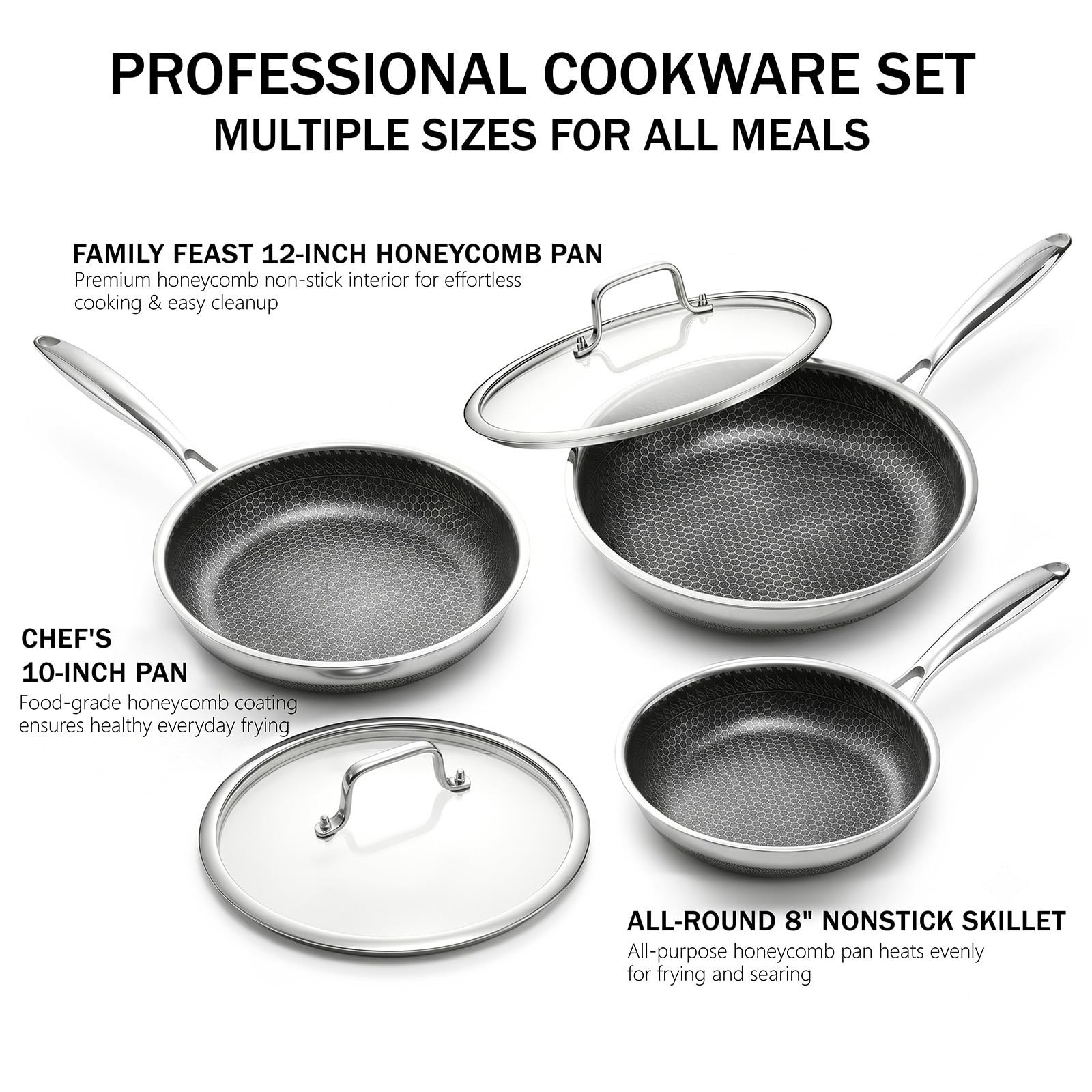 10″ Nonstick Frying Pan with Lid, Honeycomb Stainless Steel Skillet, PFAS Free,