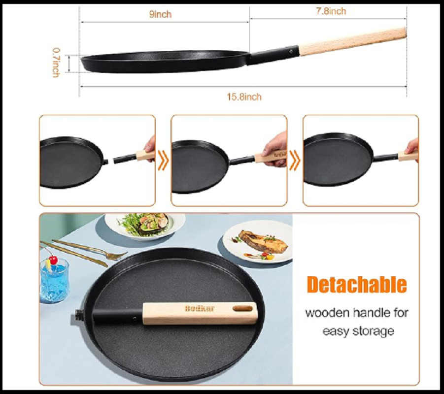 Frying Pan Skillet 8-inch Flat Crepe Pan, Lightweight Grill Pan with Wooden H…