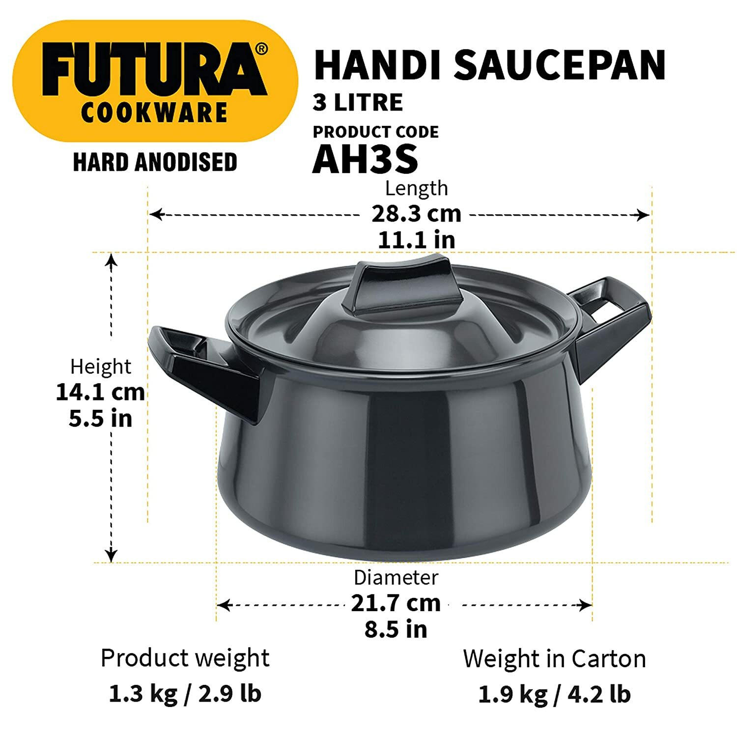 Hawkins Futura H/A Cooking Handi Saucepan Black 3 Lt Stay Cool Handles With Lid