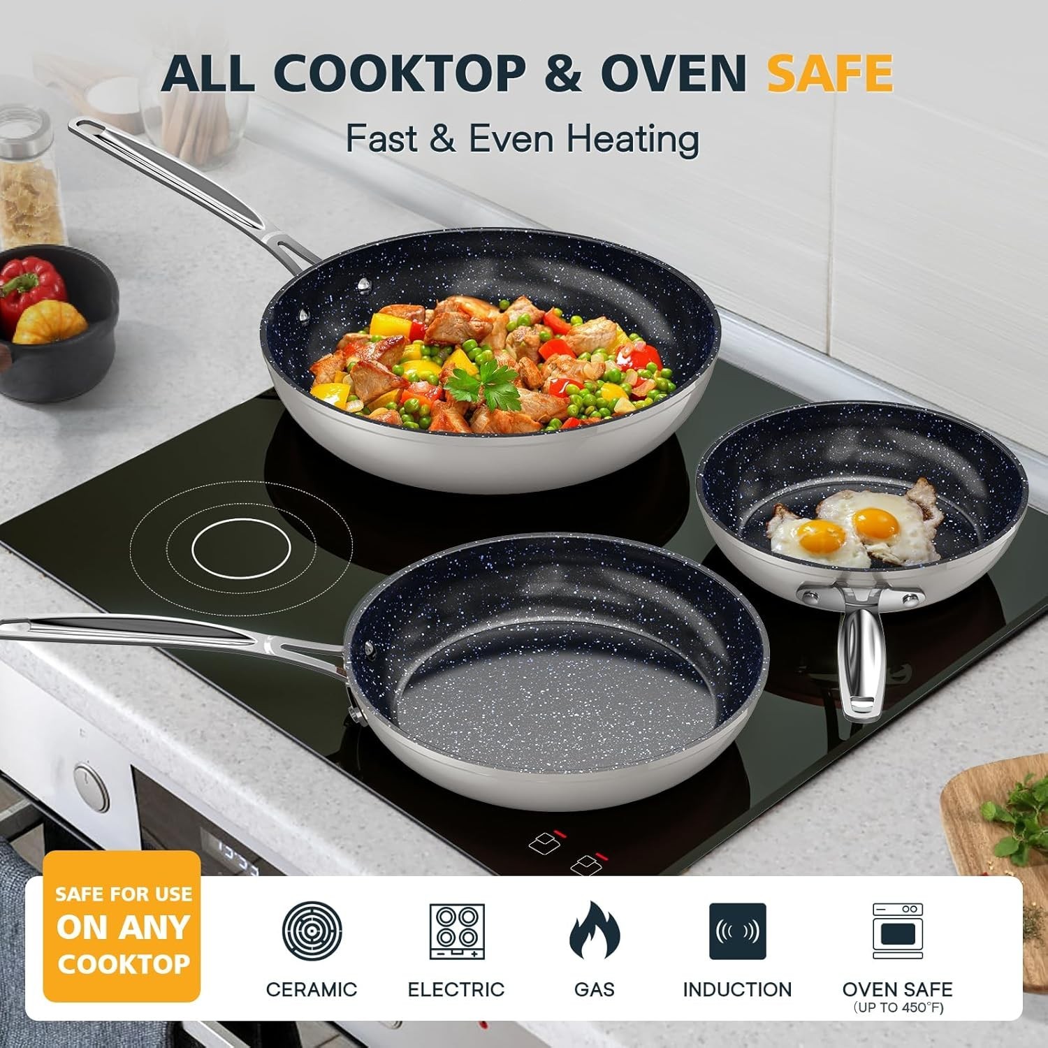 3PC Ceramic Nonstick Frying Pan Set 8 10 12in Induction Ready