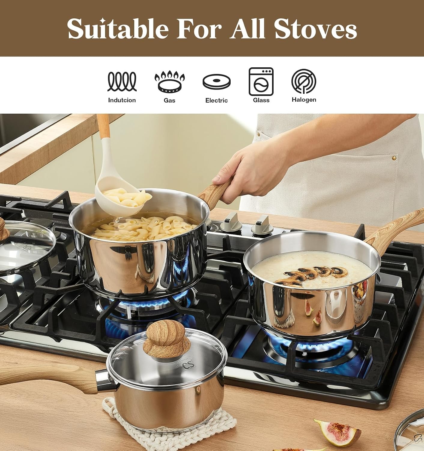 Stainless Steel Pots, 6 Piece Sauce Pan Set with Lids, 1QT, 2QT, 3QT Stainless