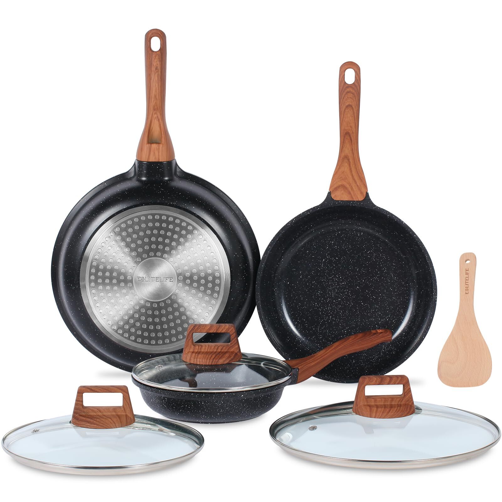 Frying Pan Set with Lids Nonstick Skillet Set Egg Omelette Pans, Granite Coat…