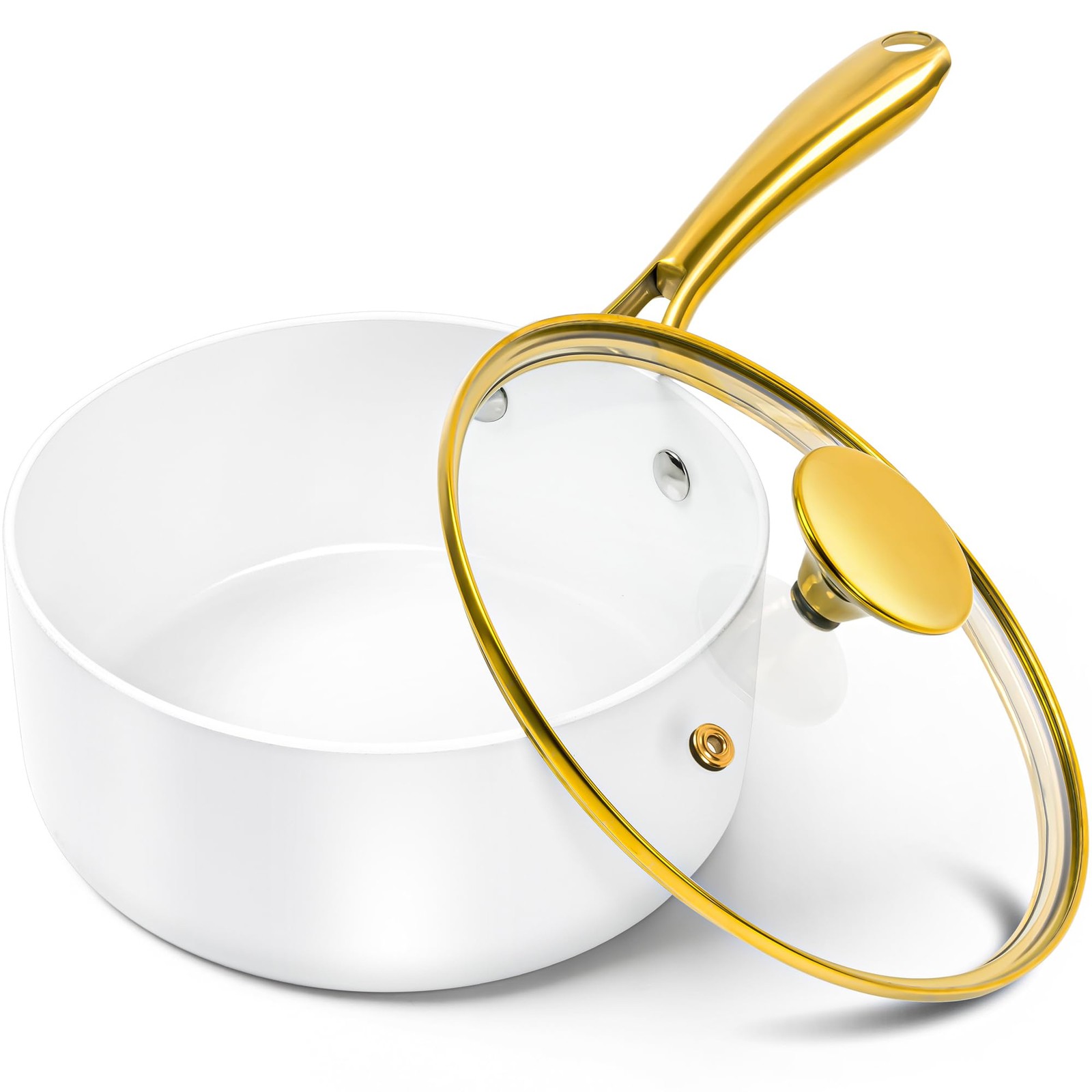 2 Quart Ceramic Nonstick Saucepan with Lid Small Sauce Pot Oven Safe White