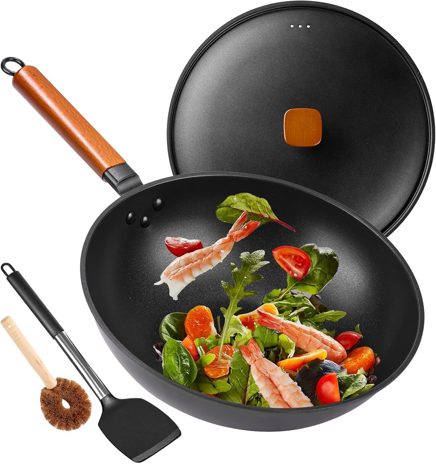 Carbon Steel Flat Bottom Wok Pan, 13″ Wok & Stir-Fry Pan Non-Stick with Spatula