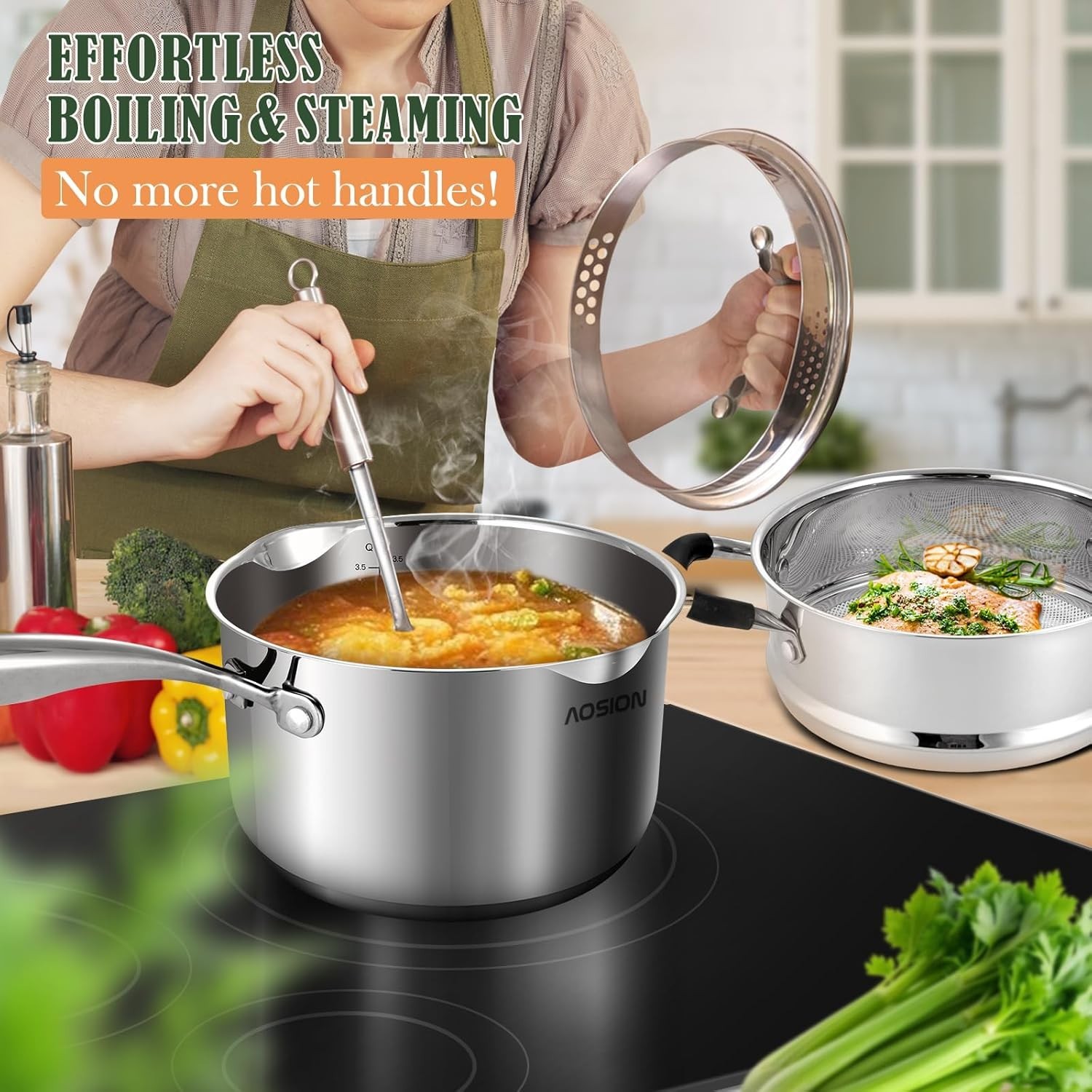 3.5Quart Stainless Steel Saucepan with Steamer Basket,Small Pots for Cooking