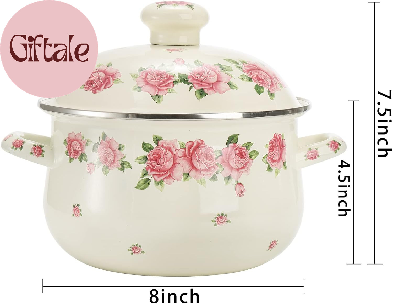 Enamel Stockpot with Lid, 2.8 Quart Retro Cooking Pot, Vintage Floral Stew Bean