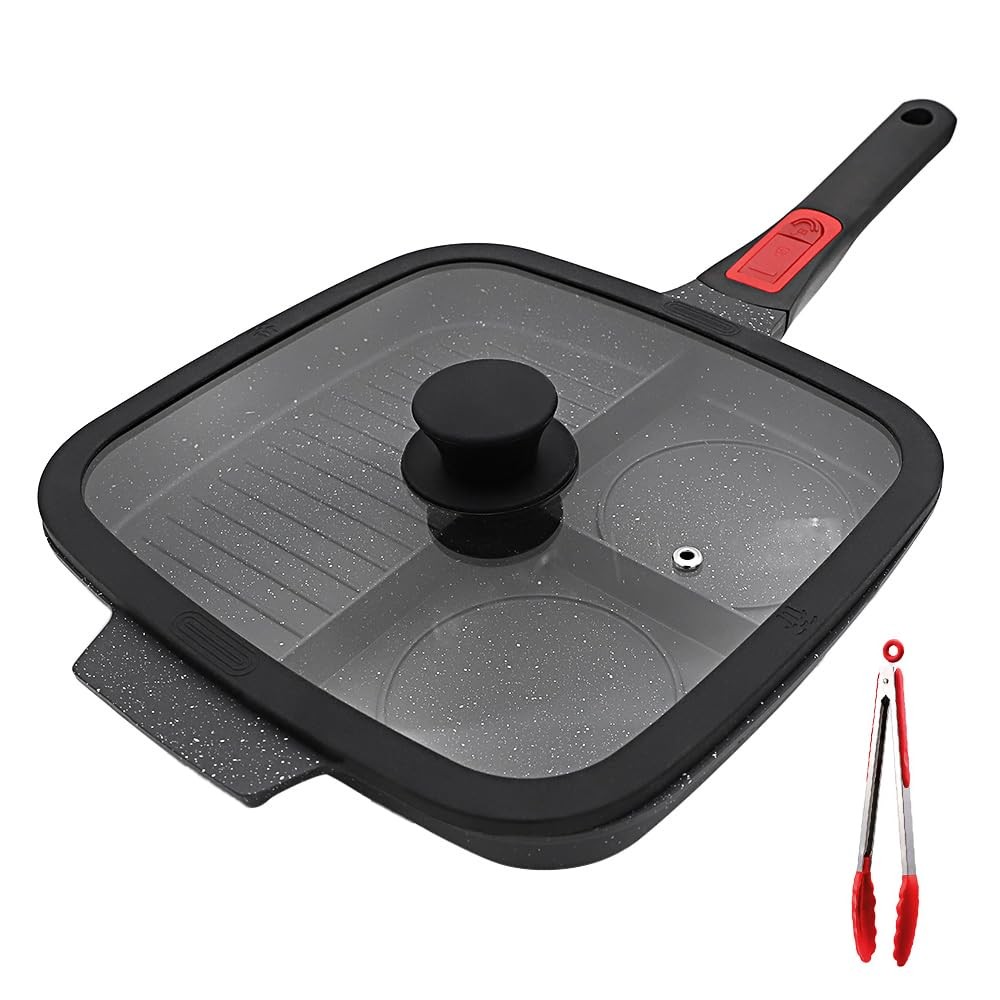 1 PC 3 Section Nonstick Grill Griddle Pan With Lid Detachable Handle Black