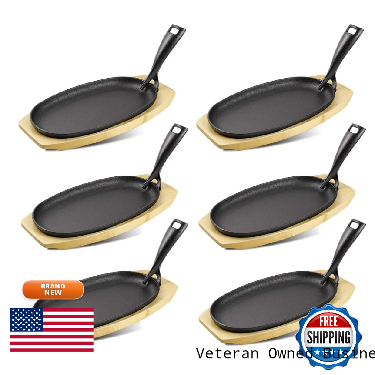 Dvk 6 Set Cast Iron Skillet Sizzling Plate Wooden Base Fajita Skillet Removable