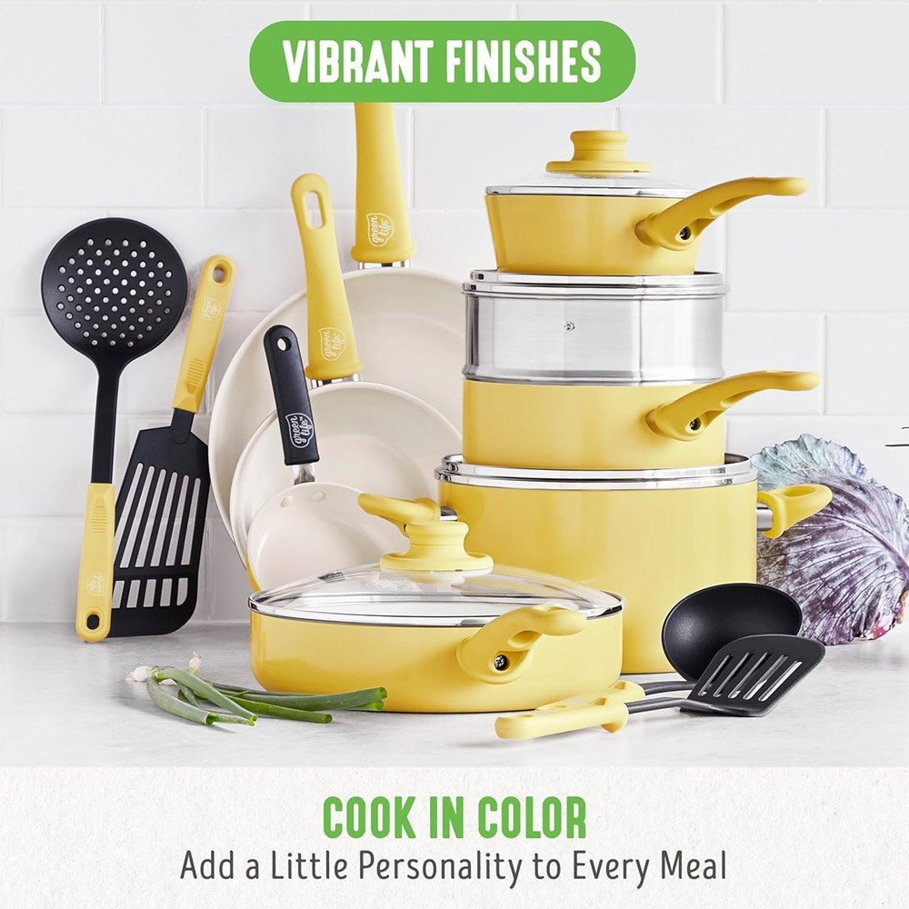 GreenLife Soft Grip Nonstick Ceramic 18Piece Cookware Pots/Frying Pans Set Yello