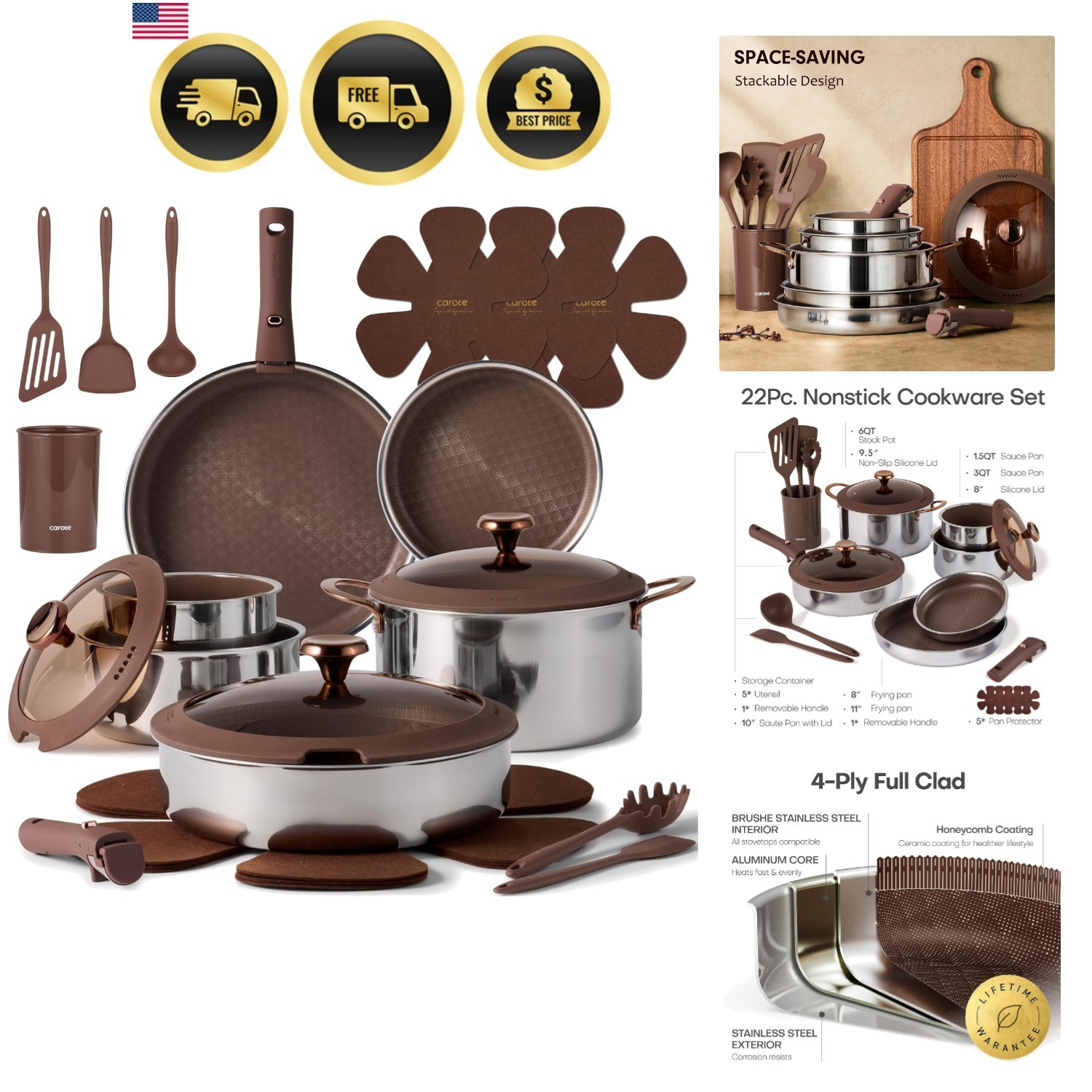 22pcs Hybrid Nonstick Pots and Pans Set, Stainless Steel Cookware Set with Ho…