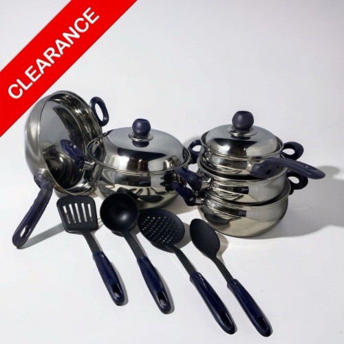 NEW 13 Piece 18/8 Stainless Steel Cookware Set Blue Handles Pots Pans Utensils