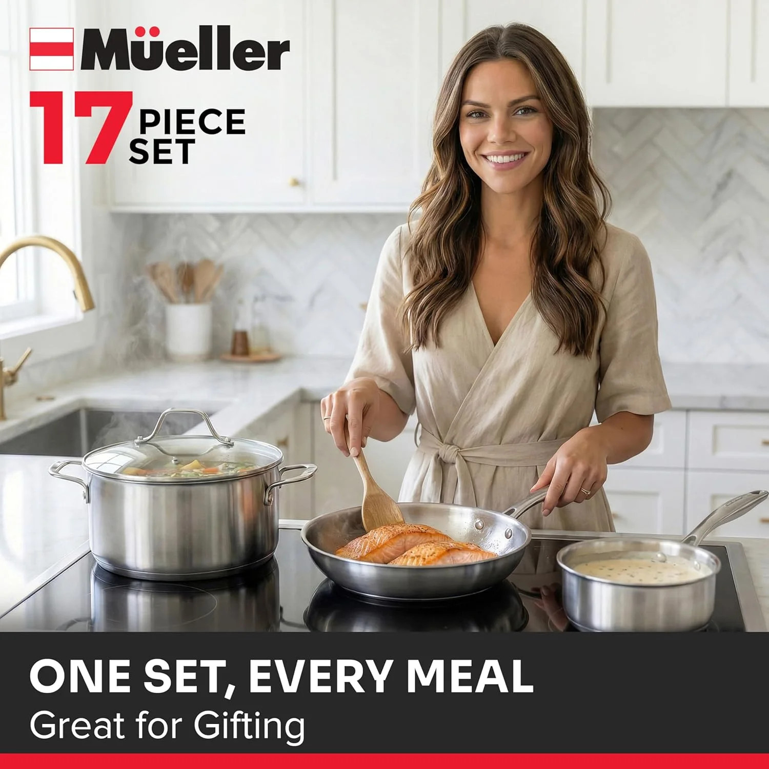 Mueller 17-Piece Stainless Steel Pots and Pans Set – Tri-Ply Ultra-Clad Pro Cook