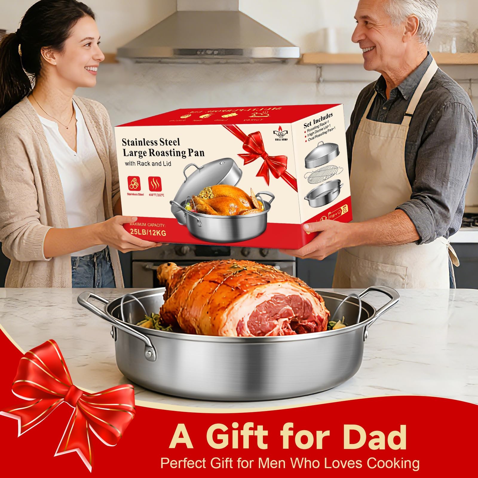 21 Inch Stainless Steel Roasting Pan with Rack and Lid For Turkey Chicken