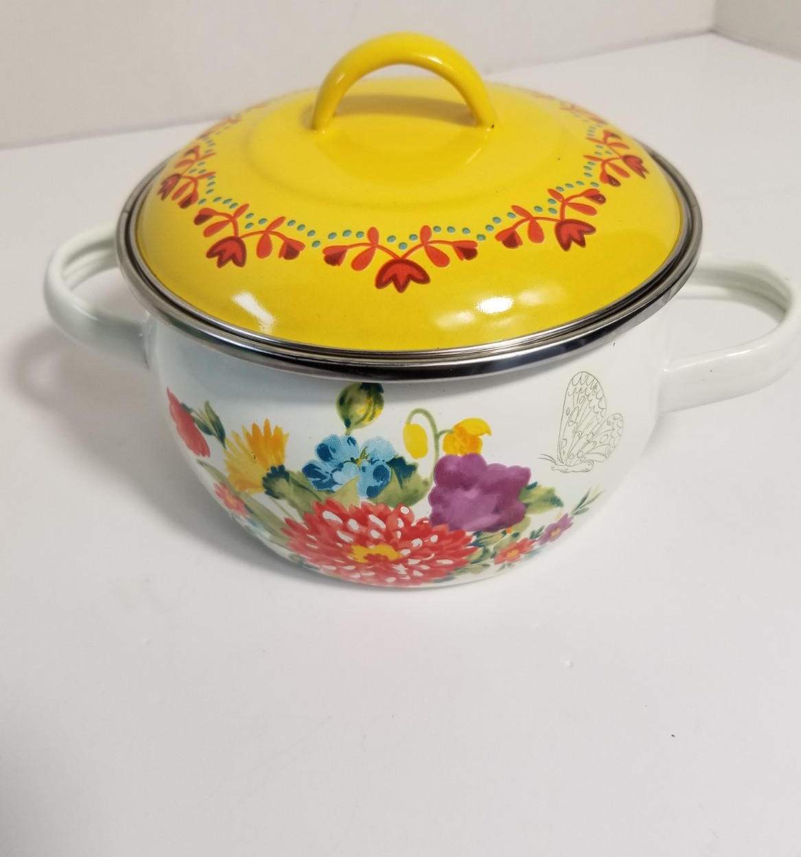 Set Of 2 Pioneer Woman Breezy Blossom Enamel 1 QT Mini Dutch Ovens Aqua & Yellow