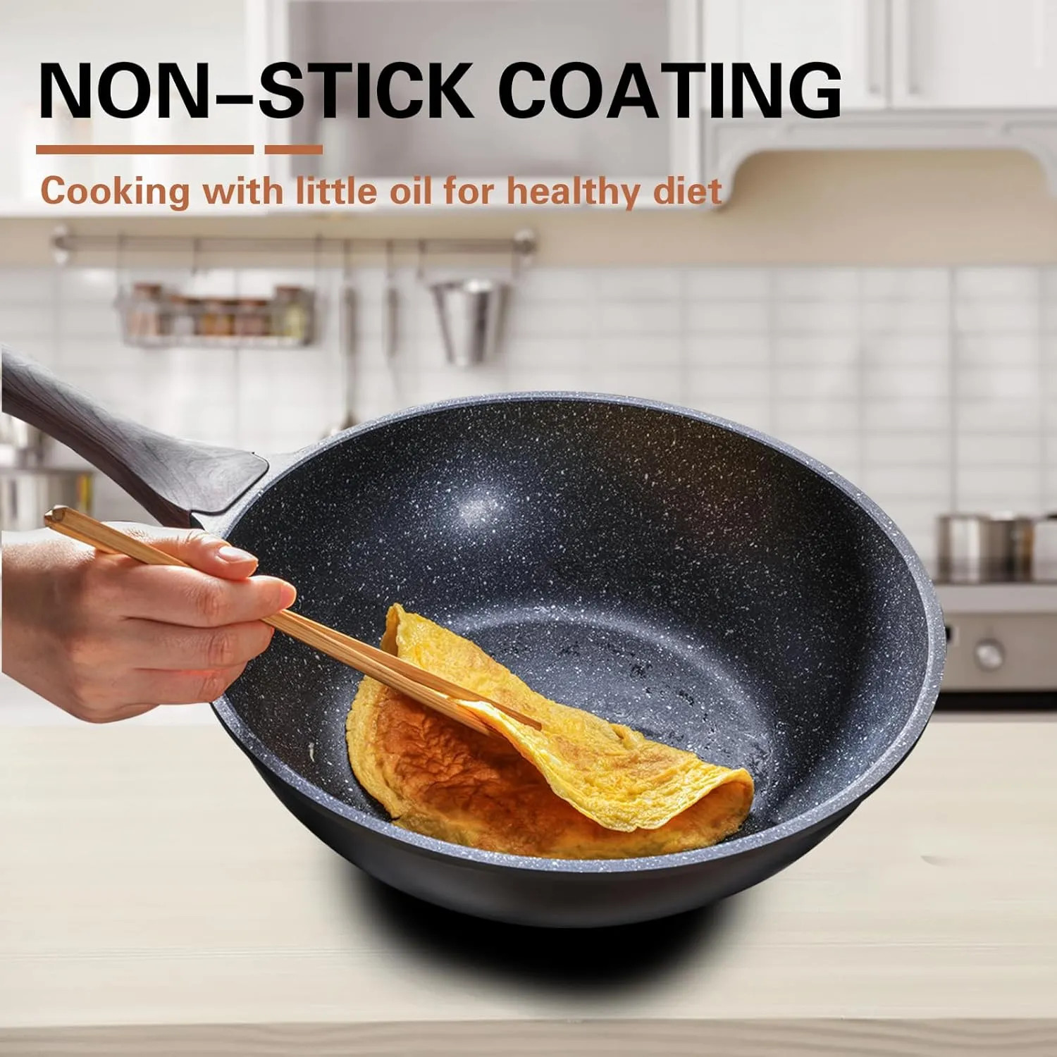12 Inch Nonstick Wok With Lid Granite Stone Coating Induction Kitchen Cookware