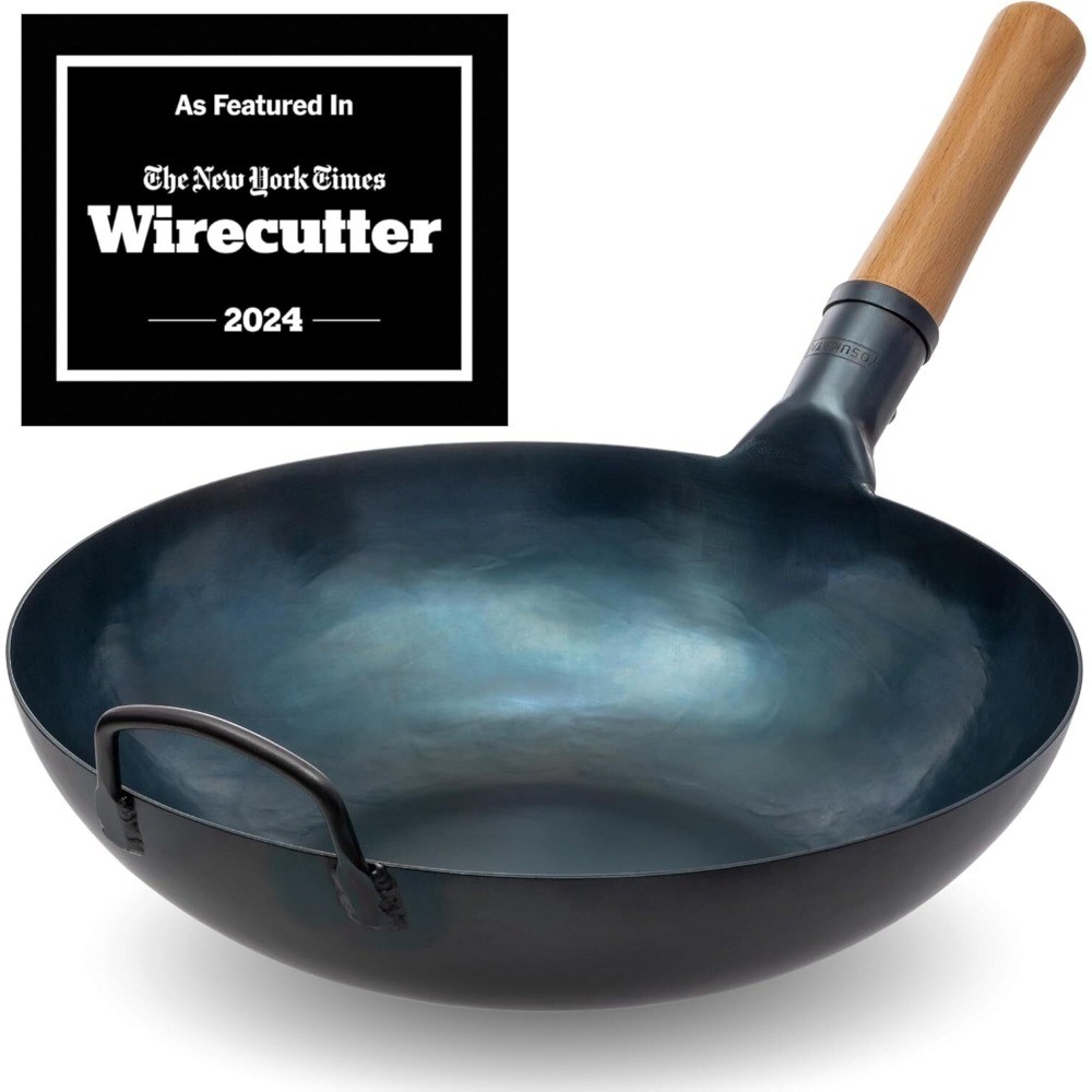 YOSUKATA 13.5” Blue Carbon Steel Wok Pan–Pre-Seasoned Flat Bottom Wok Compatible